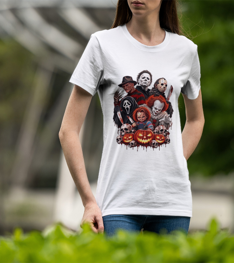 Freddy Krueger Michael Myers Jason Voorhees Ghostface Pennywise Chucky Horror Characters With Skull And Pumpkin Display T-Shirt