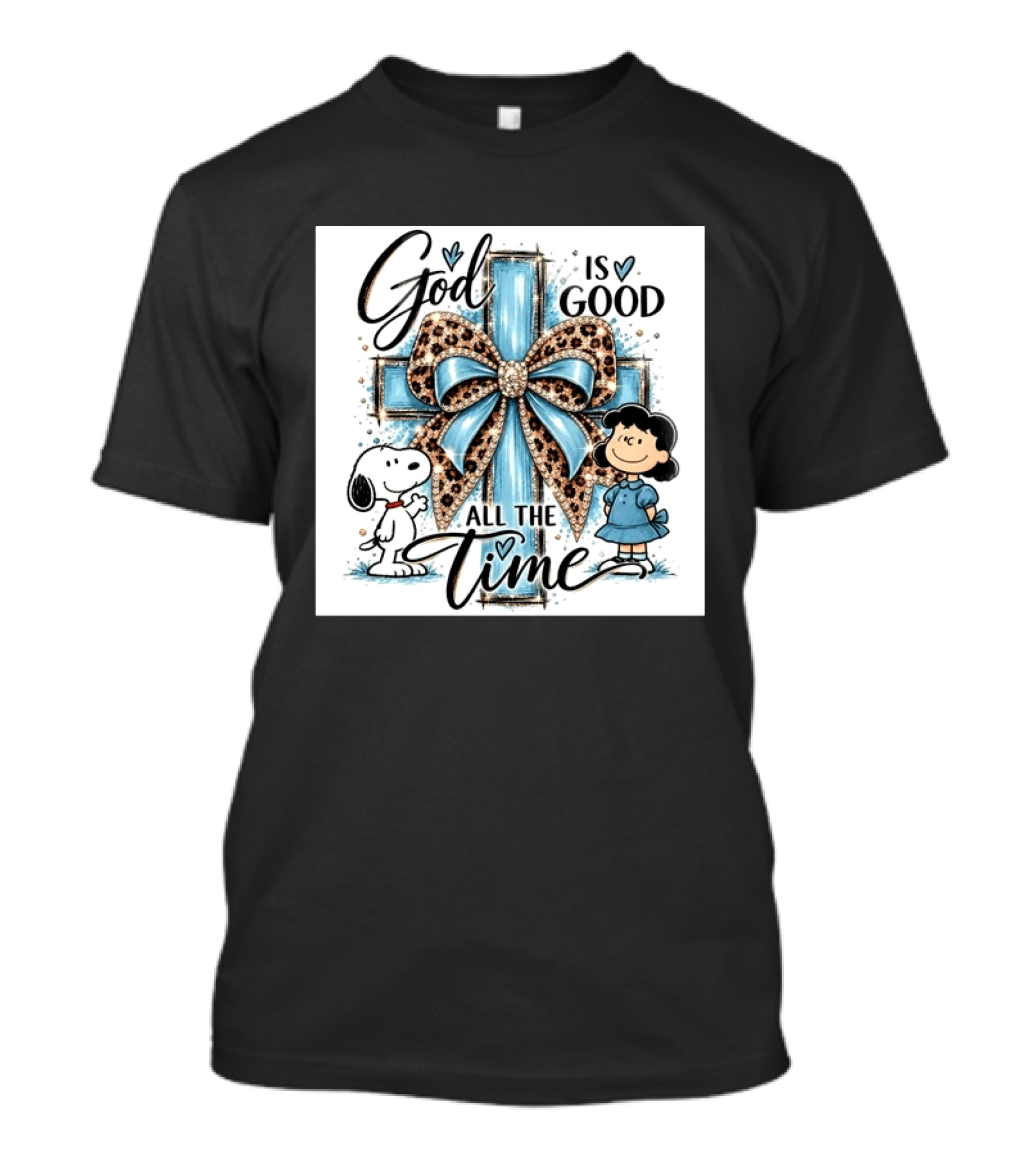 Snoopy And Lucy God Is Good All The Time Blue Cross And Leopard Bow T-Shirt