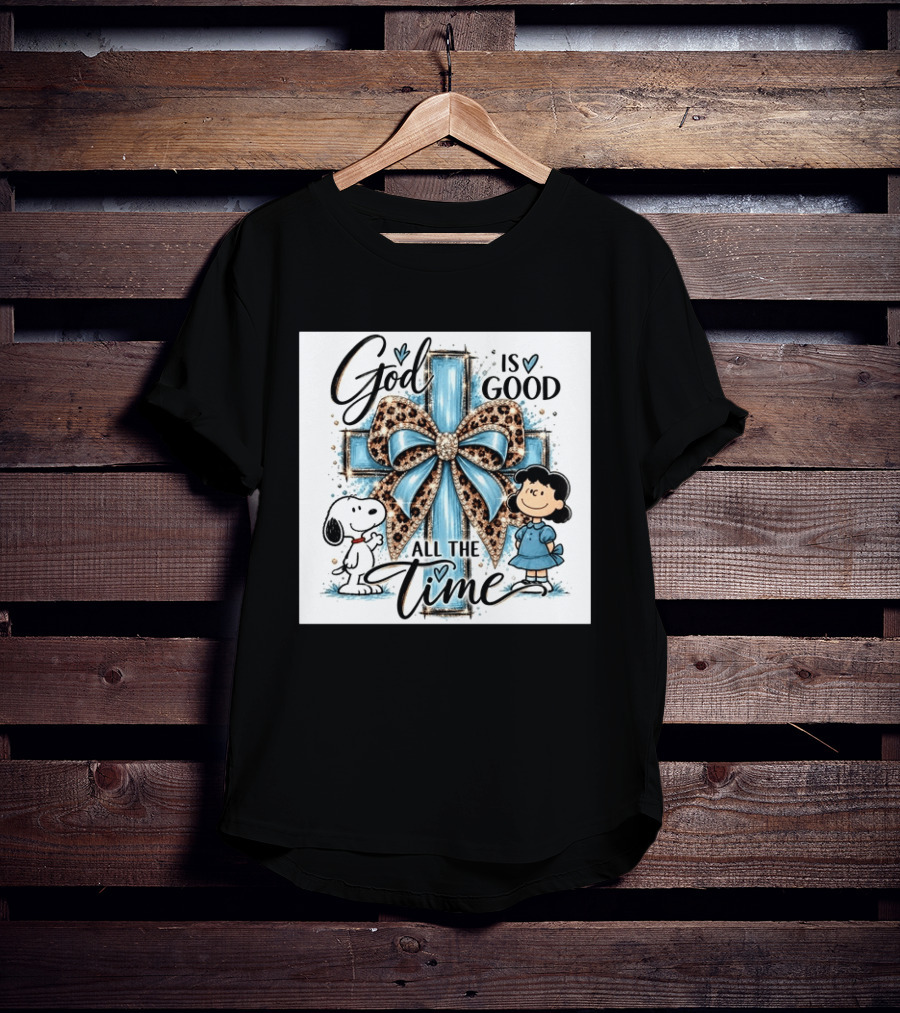 Snoopy And Lucy God Is Good All The Time Blue Cross And Leopard Bow T-Shirt