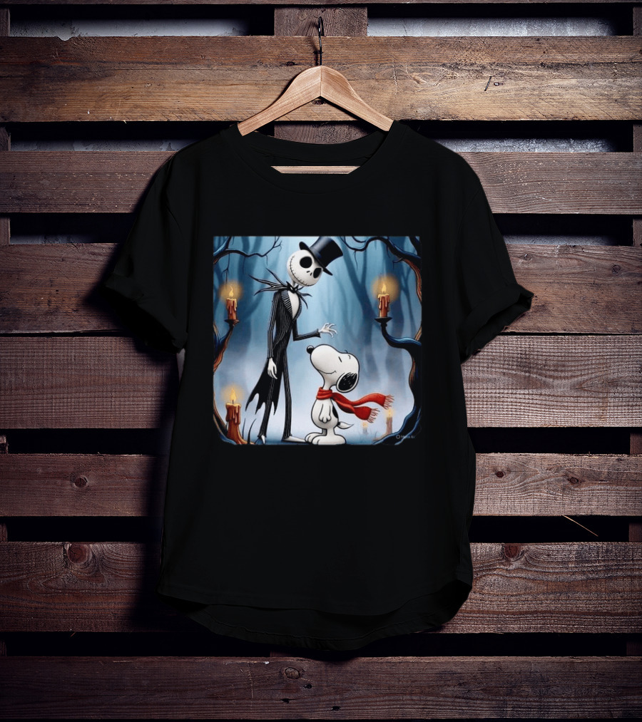 The Nightmare Before Christmas Jack Skellington And Snoopy Candles In Haunted Forest T-Shirt
