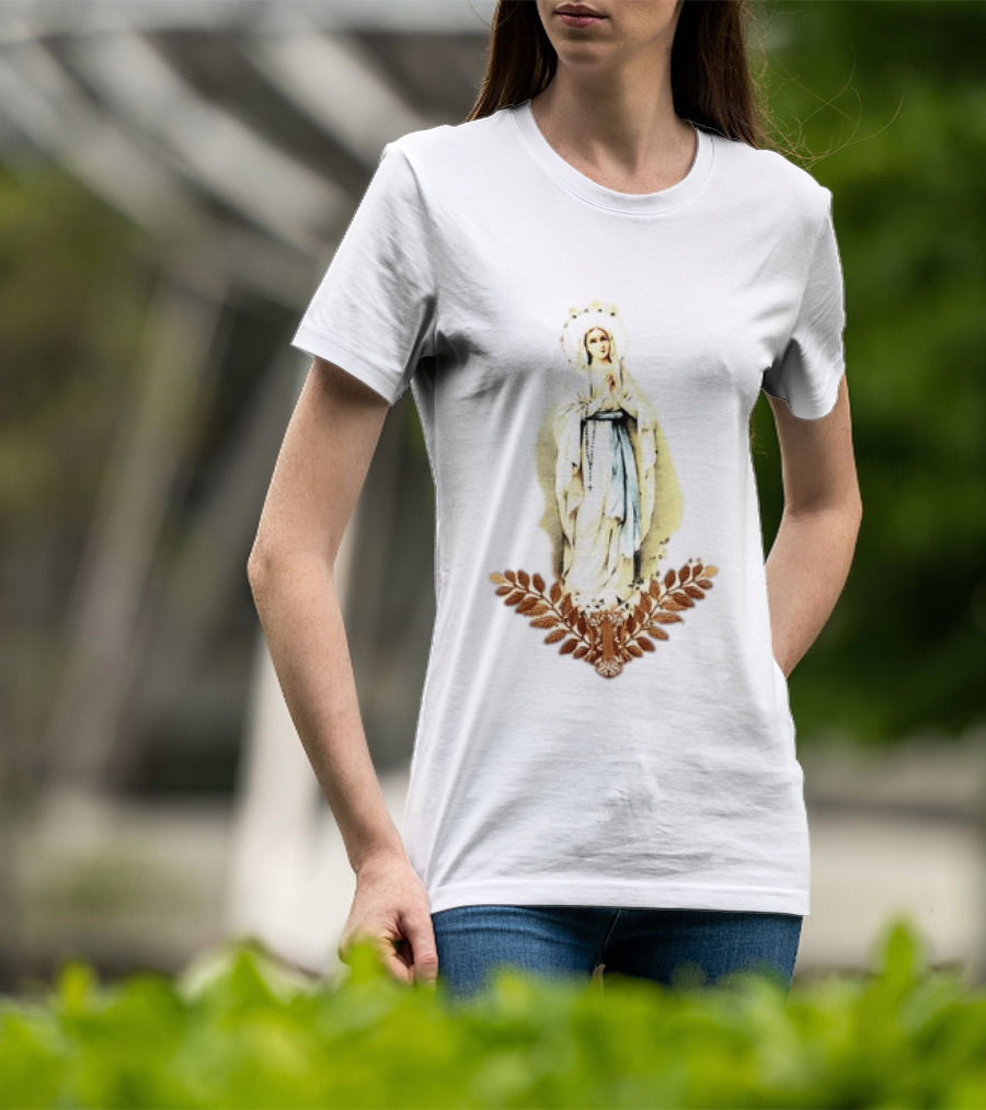 Virgin Mary Rosary Prayer Gold Leaves T-Shirt