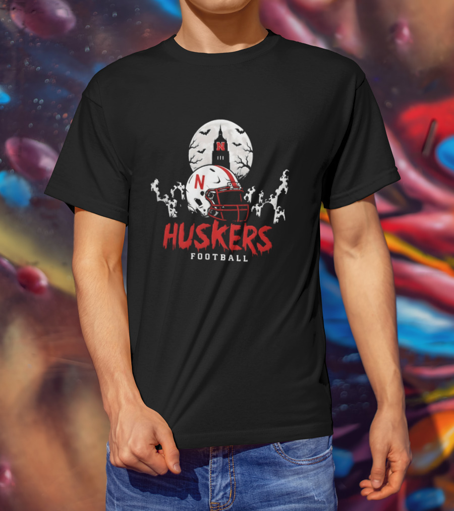 Nebraska Huskers Football Halloween Spooky Helmet Bats Moon 2026 T-Shirt