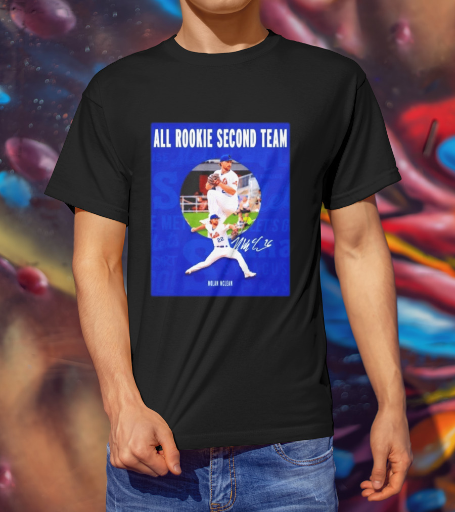 Nolan McLean No 22 Mets All Rookie Second Team Signature Pitching Action T-Shirt