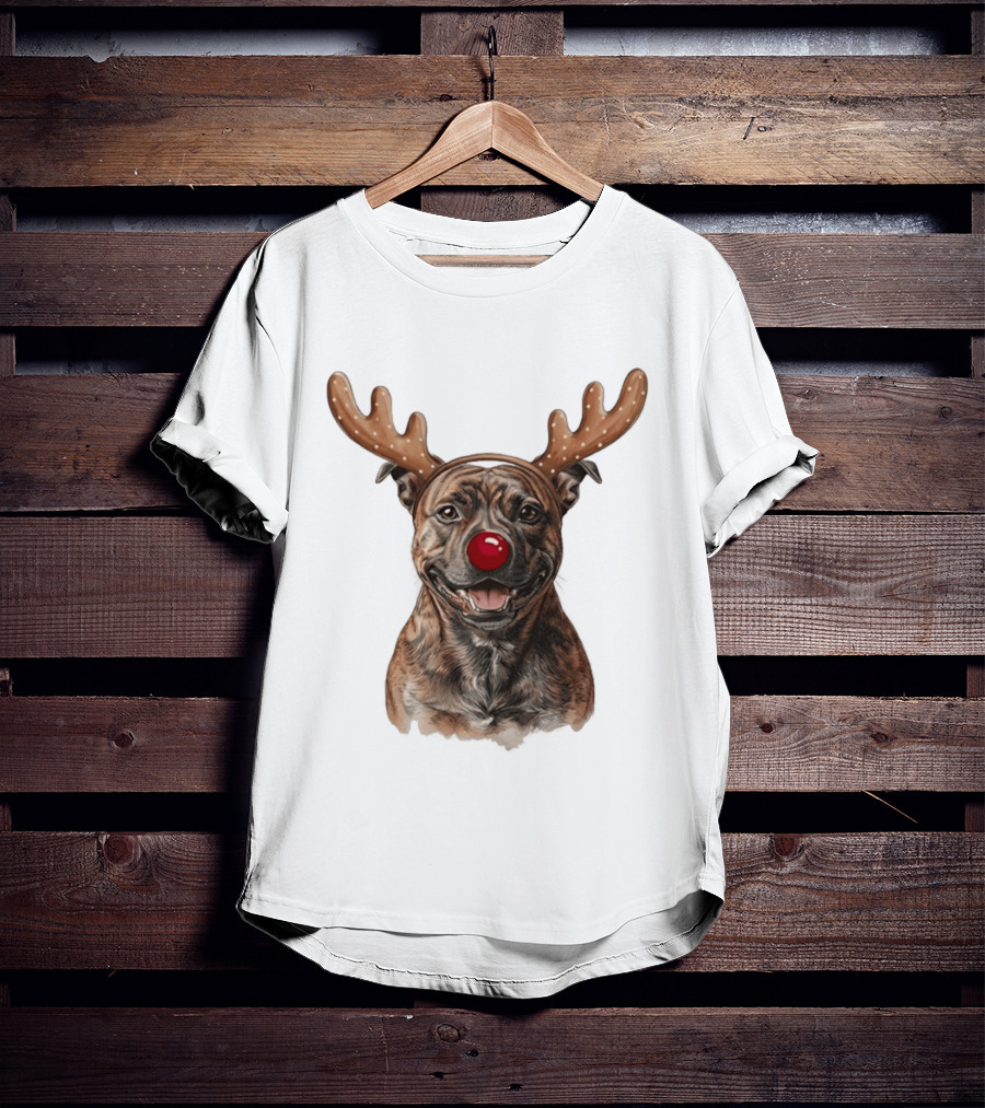 Brindle Pit Bull With Reindeer Antlers And Red Nose T-Shirt