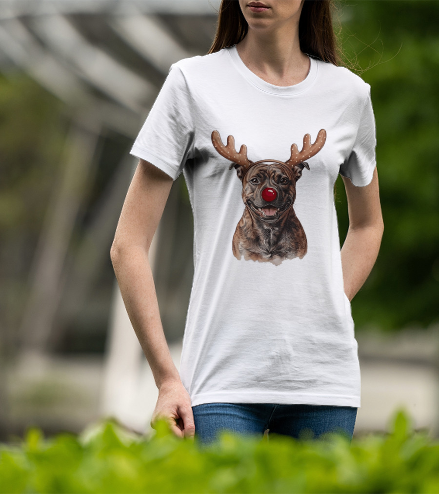Brindle Pit Bull With Reindeer Antlers And Red Nose T-Shirt