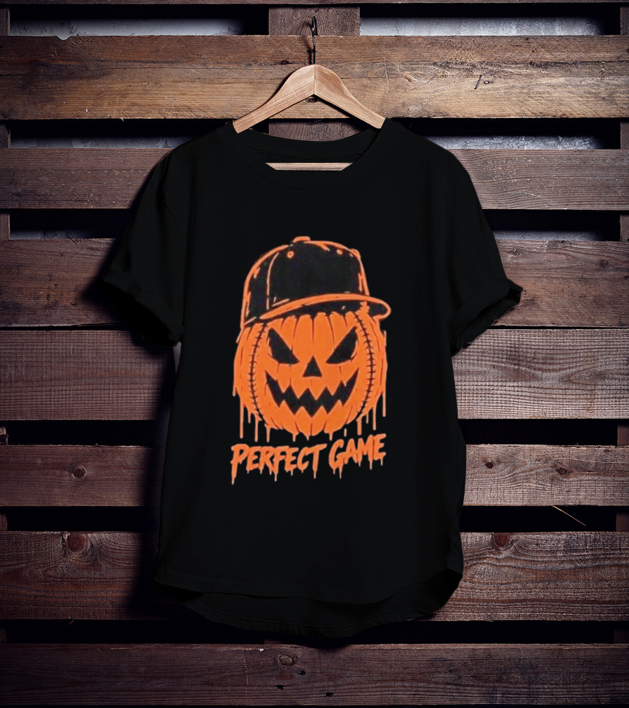 Perfect Game Halloween Pumpkin Baseball Hat Creepy Face T-Shirt