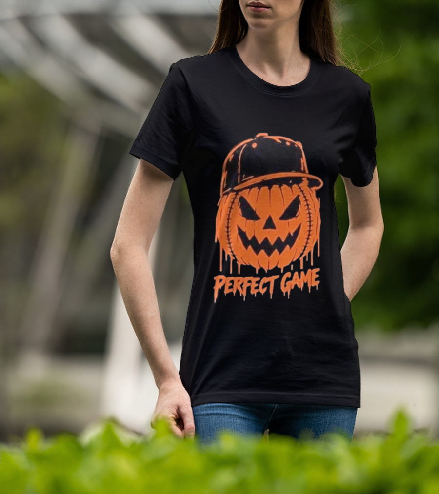 Perfect Game Halloween Pumpkin Baseball Hat Creepy Face T-Shirt