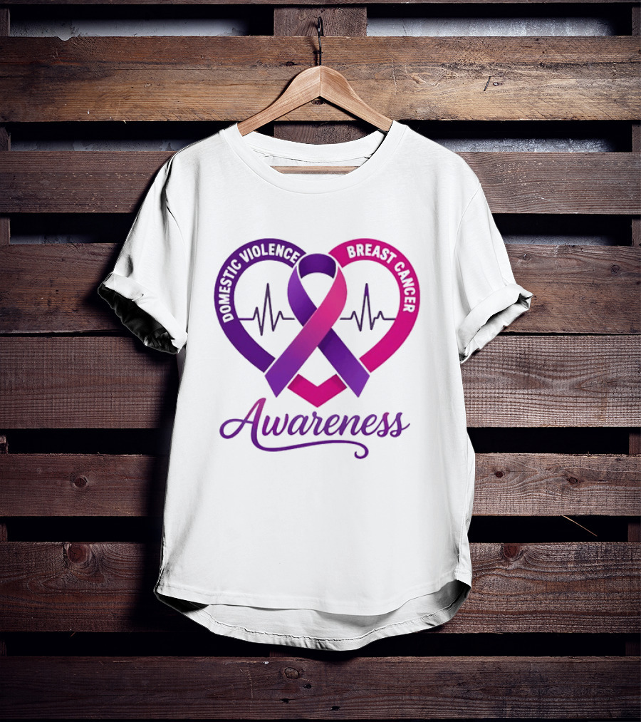 Domestic Violence And Breast Cancer Awareness Heart Ribbon Purple Pink T-Shirt