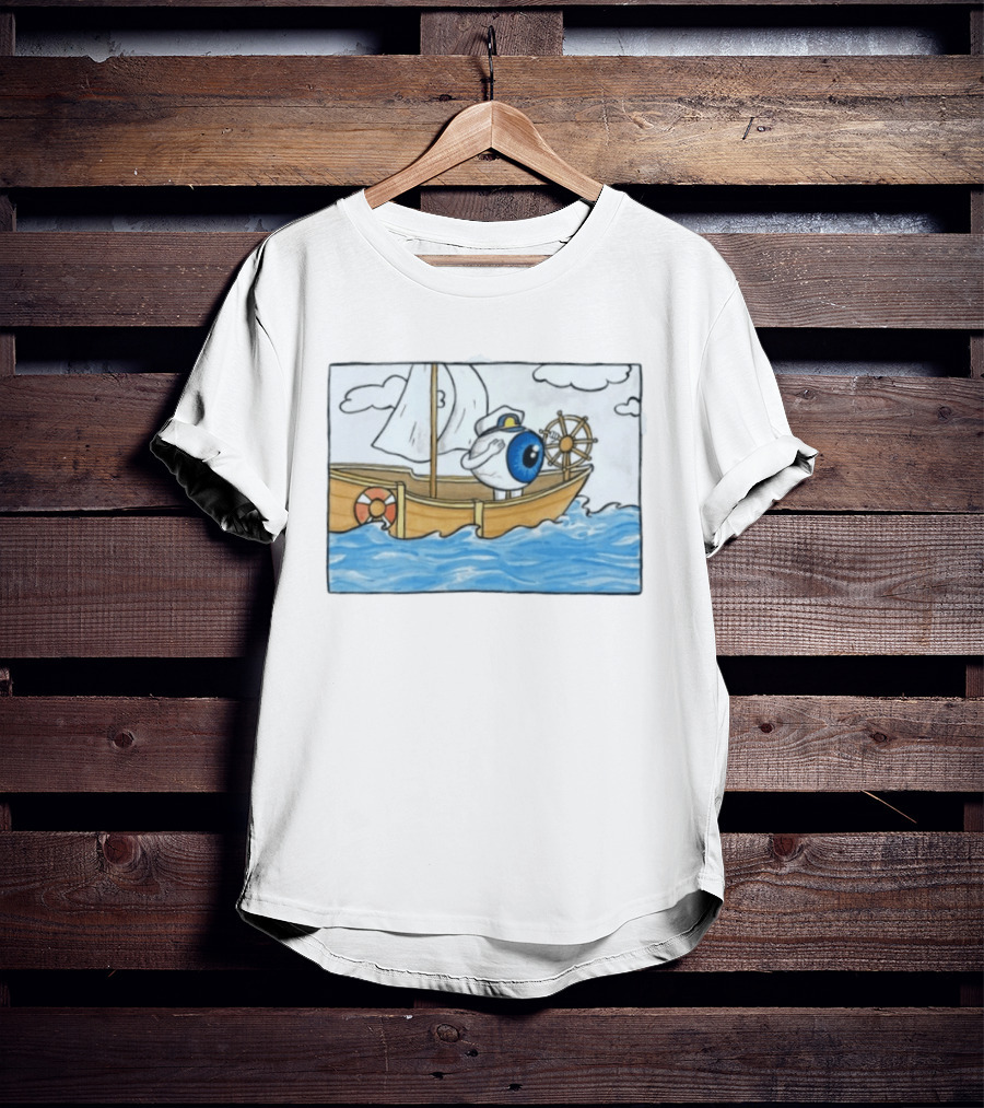 Eye Eye Captain Cartoon Eyeball Sailor Steering Ship Ocean Waves T-Shirt