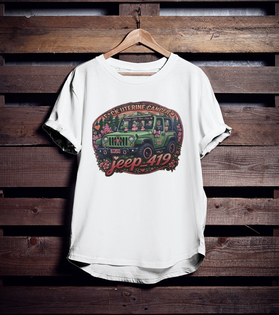 Peach Ribbon Uterine Cancer Awareness Jeep 419 Supportive Message T-Shirt