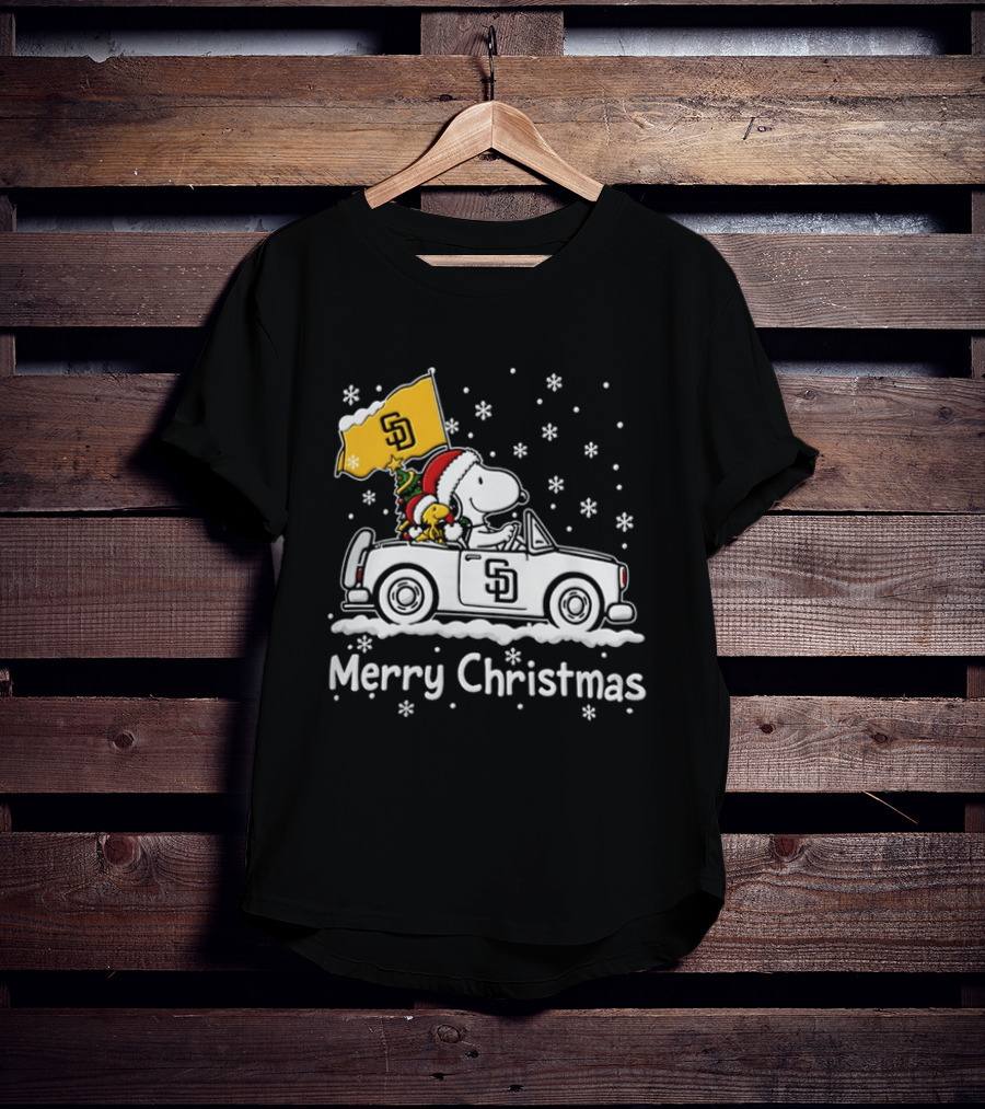 Snoopy And Woodstock Driving San Diego Padres Car Merry Christmas 2026 T-Shirt