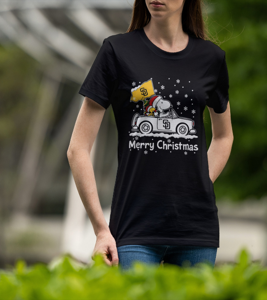 Snoopy And Woodstock Driving San Diego Padres Car Merry Christmas 2026 T-Shirt