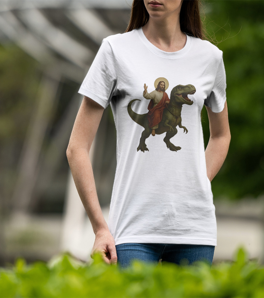 Jesus Riding Tyrannosaurus Rex Dinosaur T-Shirt