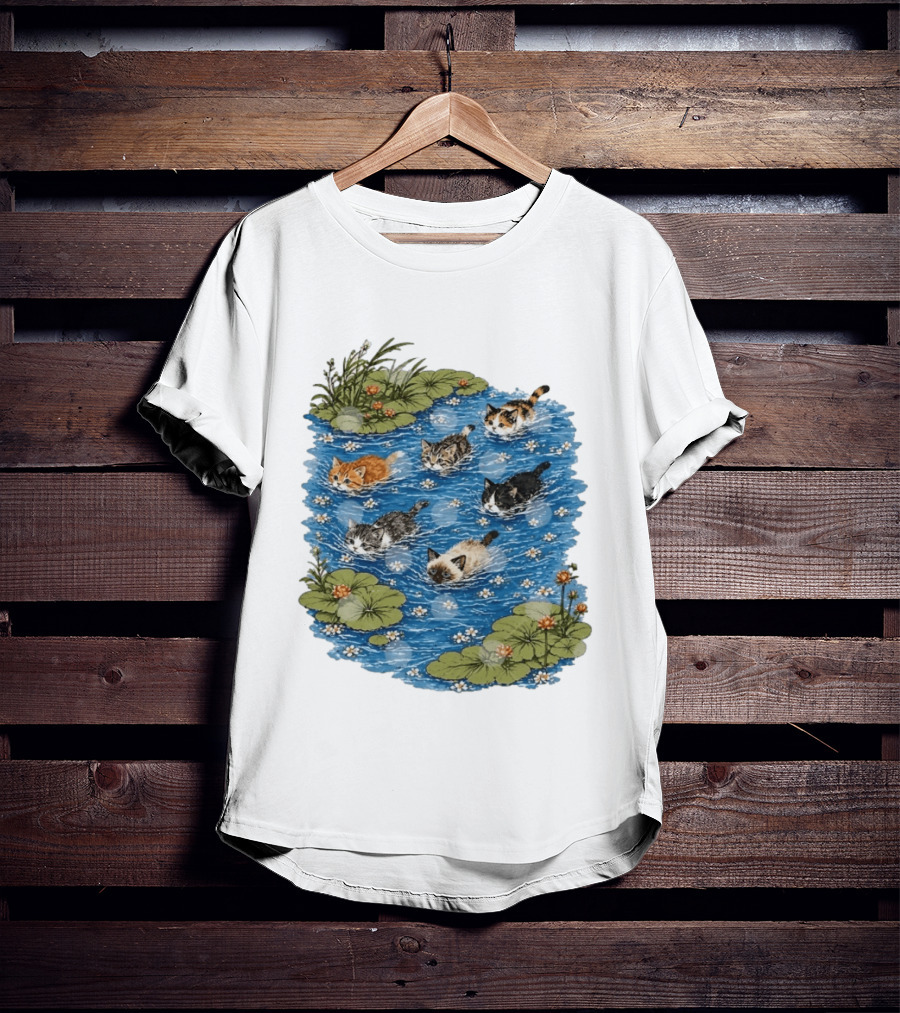 Kittens Swimming Among Water Lilies In Pond Scene T-Shirt