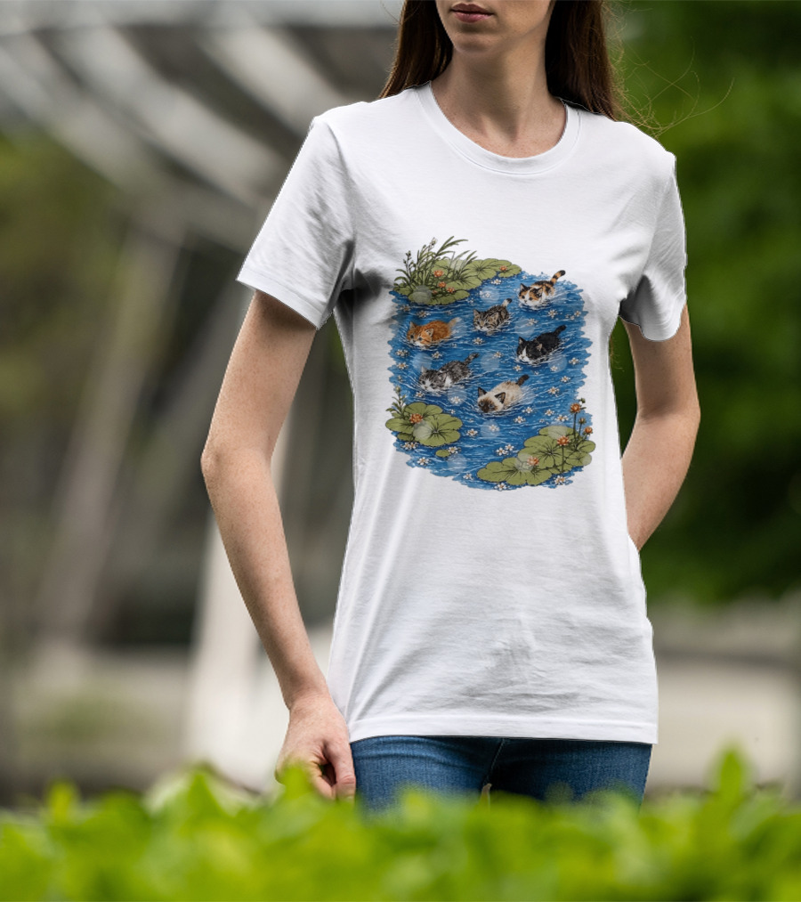 Kittens Swimming Among Water Lilies In Pond Scene T-Shirt