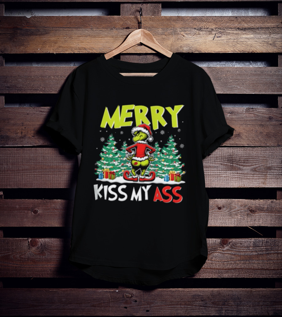 Merry Kiss My Ass Grinch Santa Outfit Mooning Christmas Trees And Gifts T-Shirt
