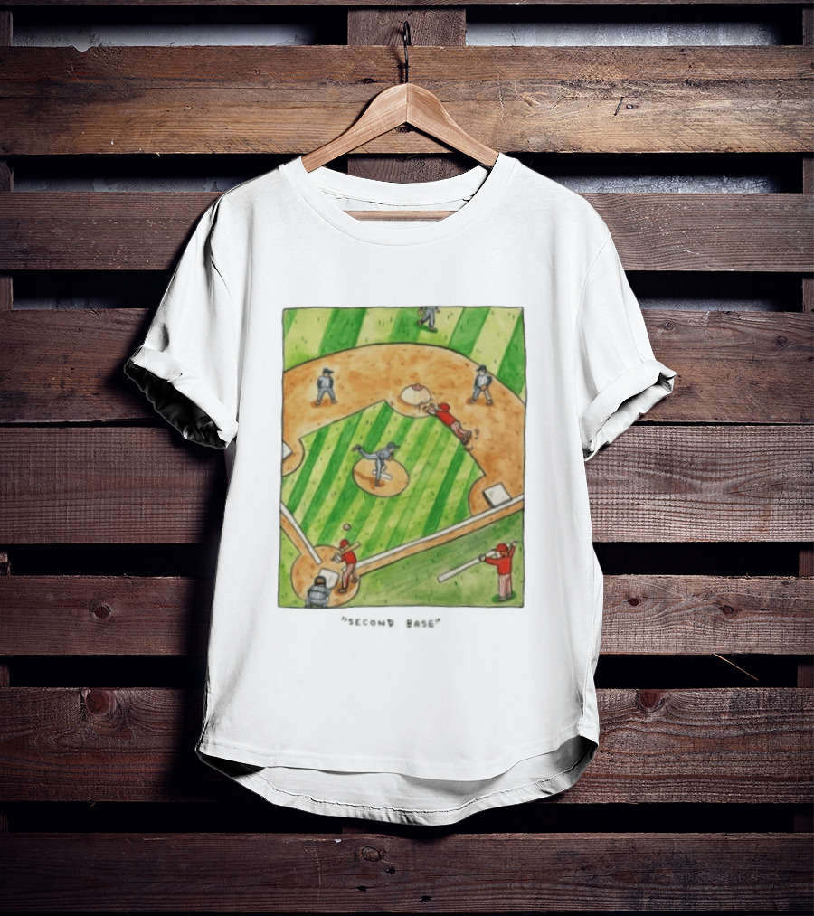 Second Base Baseball Cartoon Humor Action Play Scene T-Shirt