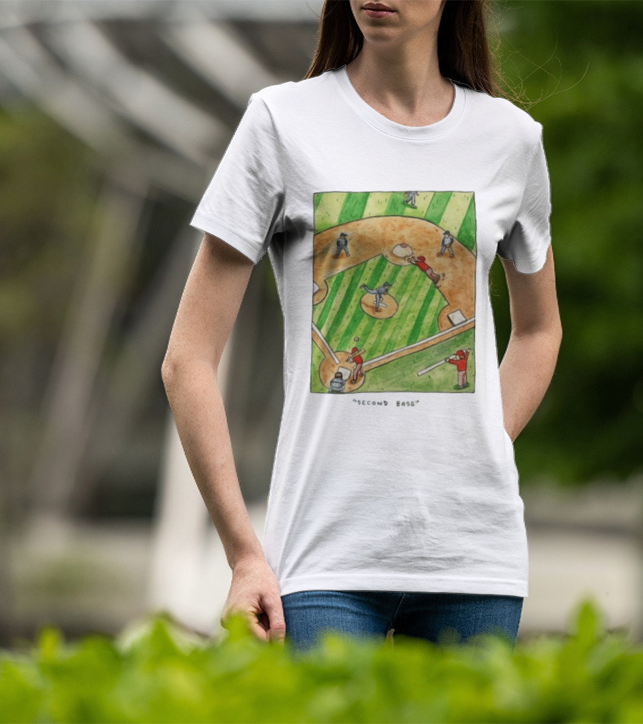 Second Base Baseball Cartoon Humor Action Play Scene T-Shirt