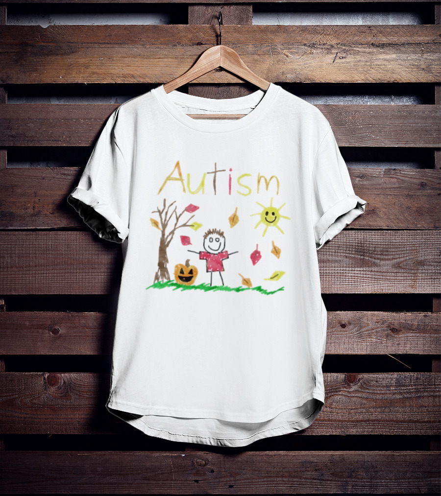 Autism Awareness Child With Pumpkin Autumn Leaves Sun And Tree T-Shirt