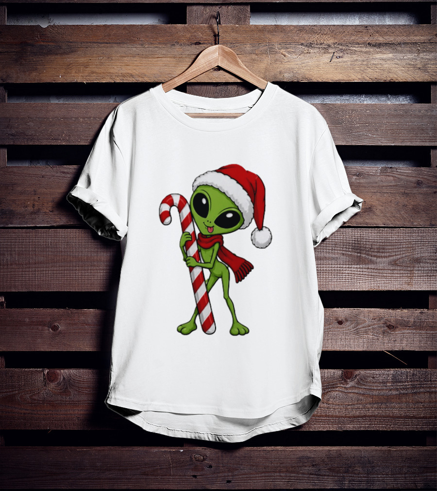 Green Santa Hat Alien With Red Scarf Holding Candy Cane Christmas T-Shirt