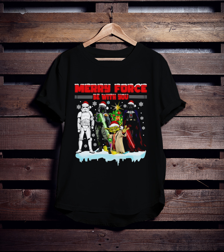 Star Wars Merry Force Be With You Christmas Characters Stormtrooper Yoda Darth Vader Santa Hats T-Shirt