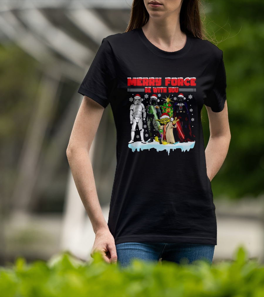 Star Wars Merry Force Be With You Christmas Characters Stormtrooper Yoda Darth Vader Santa Hats T-Shirt