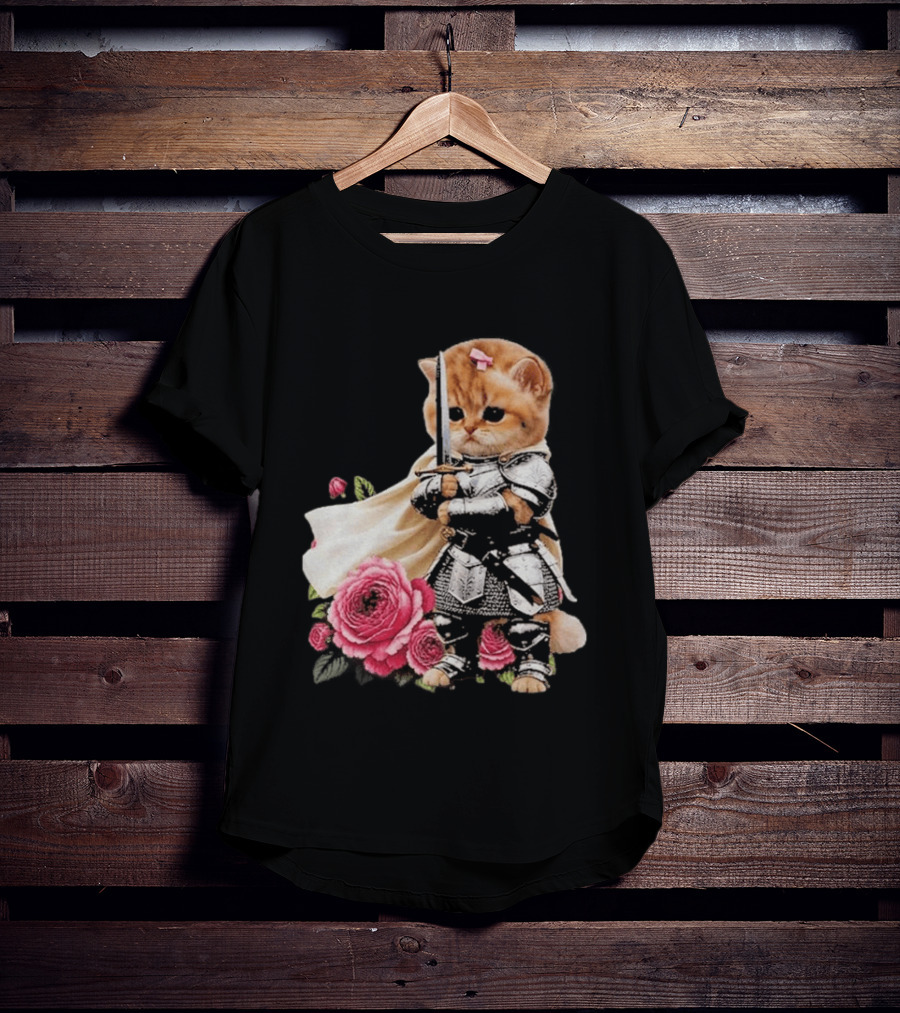 Knight Cat Holding Sword With Roses T-Shirt