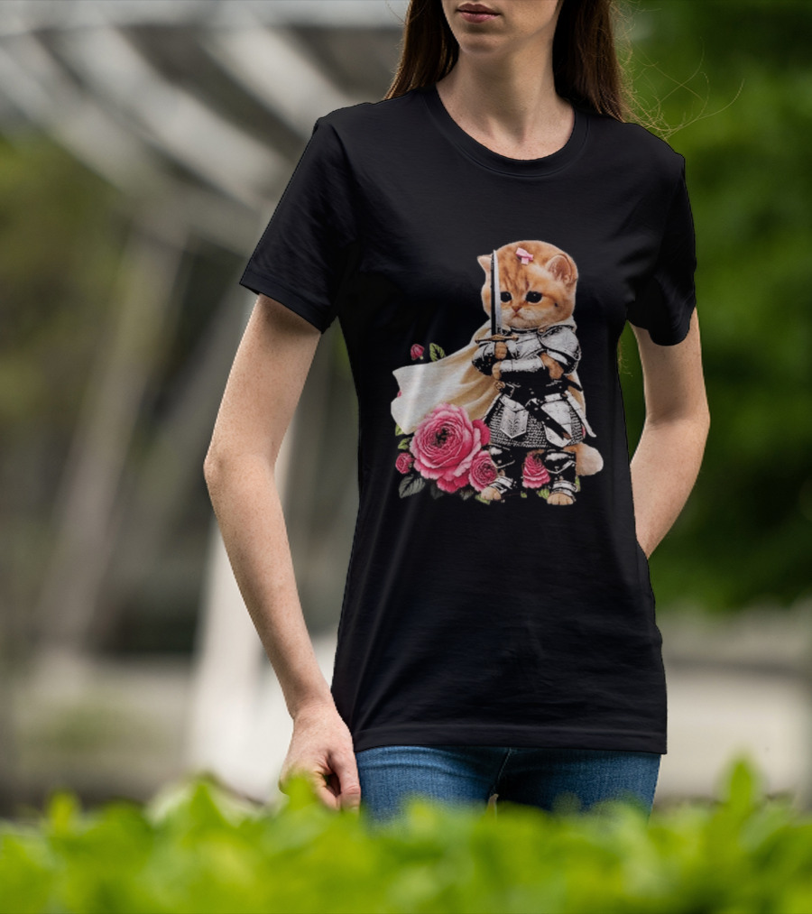 Knight Cat Holding Sword With Roses T-Shirt