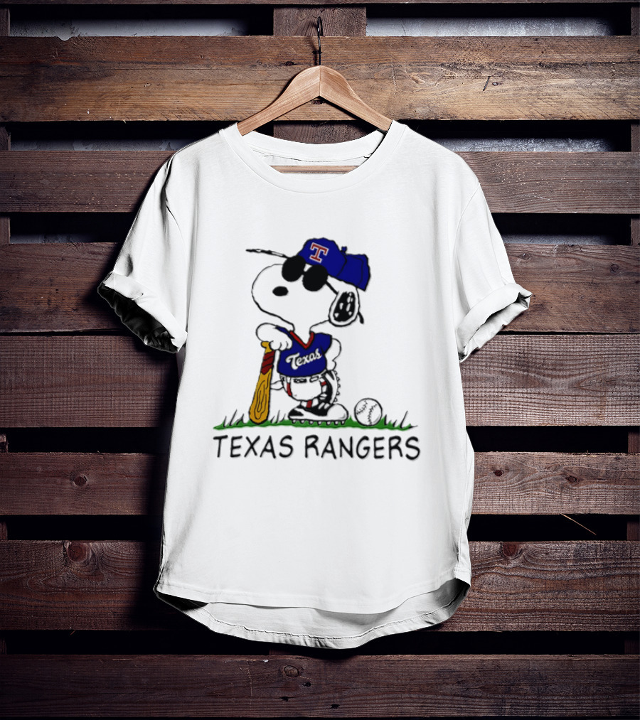 Snoopy Texas Rangers MLB Baseball Uniform With Sunglasses And Bat T-Shirt