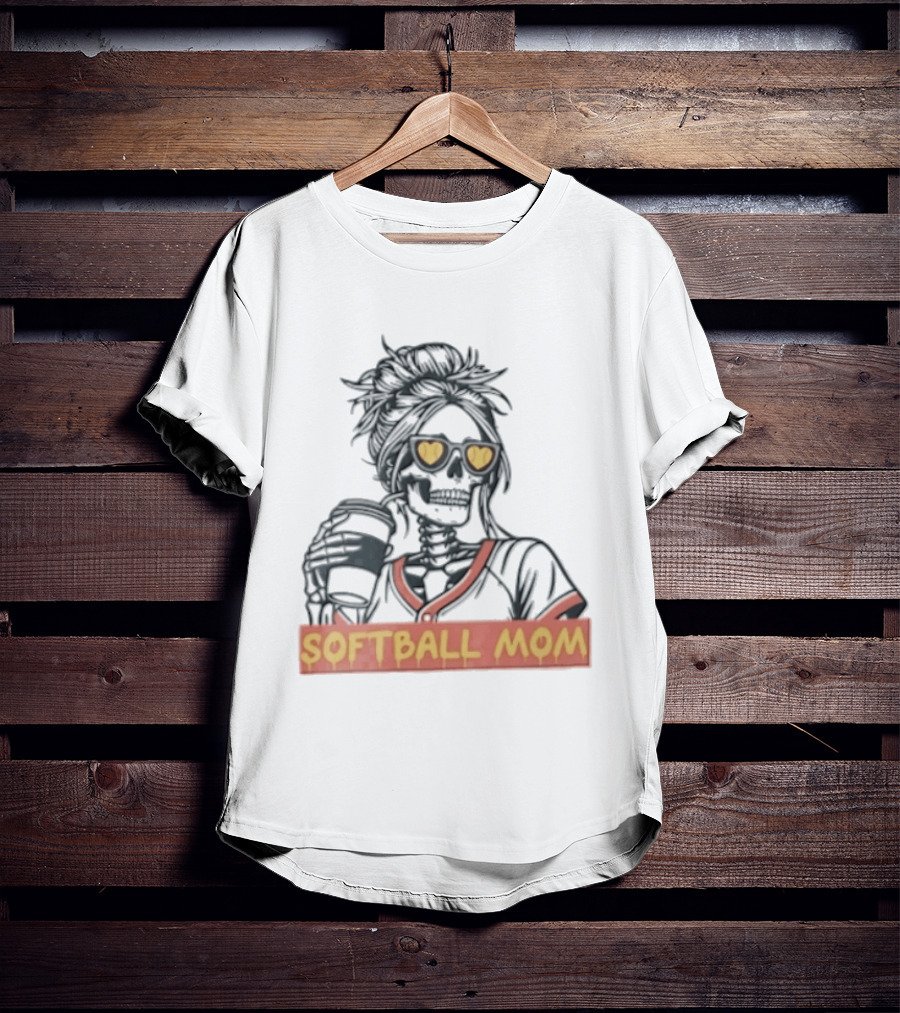 Softball MOM Skeleton Messy Bun Heart Sunglasses Coffee T-Shirt