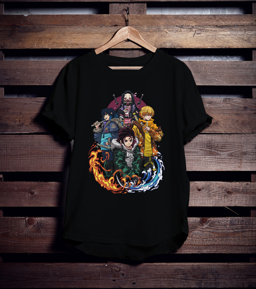 Kimetsu No Yaiba Demon Slayer Tanjiro Nezuko Zenitsu Inosuke Elemental Power Poses T-Shirt