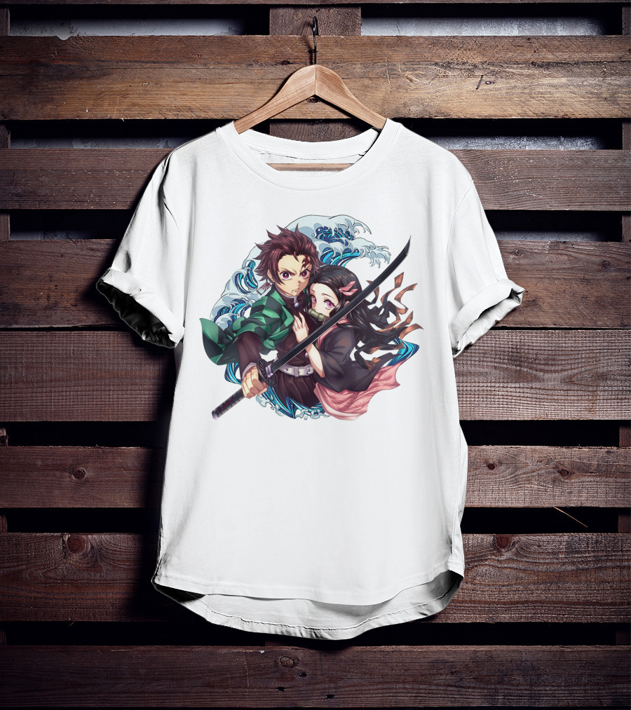 Kimetsu No Yaiba: Demon Slayer Tanjiro Kamado And Nezuko With Sword And Waves T-Shirt