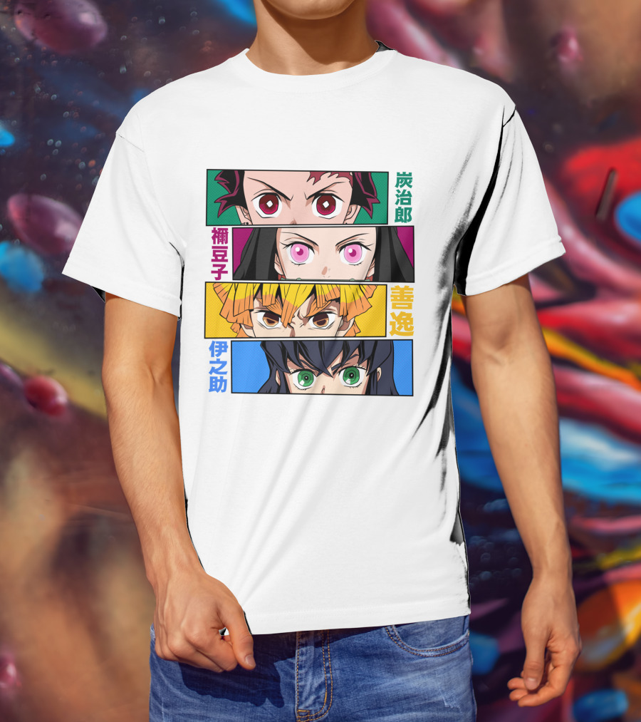 Demon Slayer Kimetsu No Yaiba Tanjiro Nezuko Zenitsu Inosuke Character Faces T-Shirt