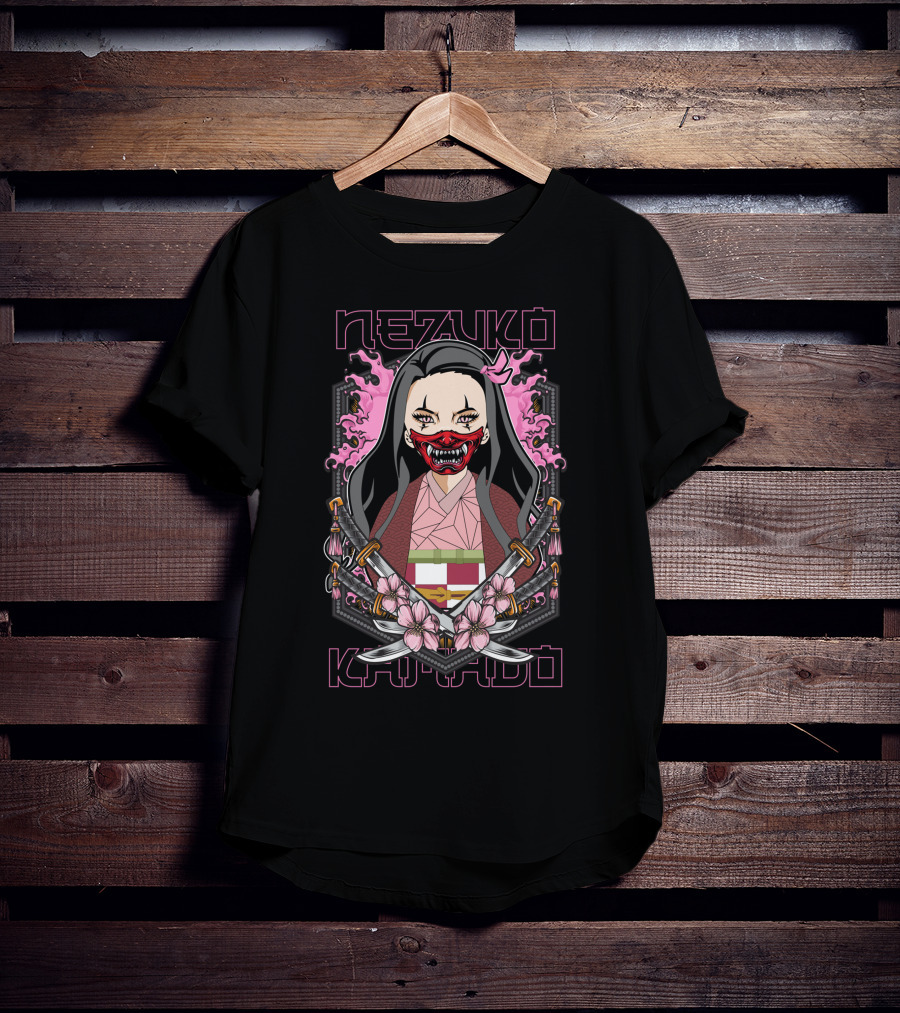 Nezuko Kamado Demon Slayer Kimetsu No Yaiba Pink Flames Swords Blossom T-Shirt