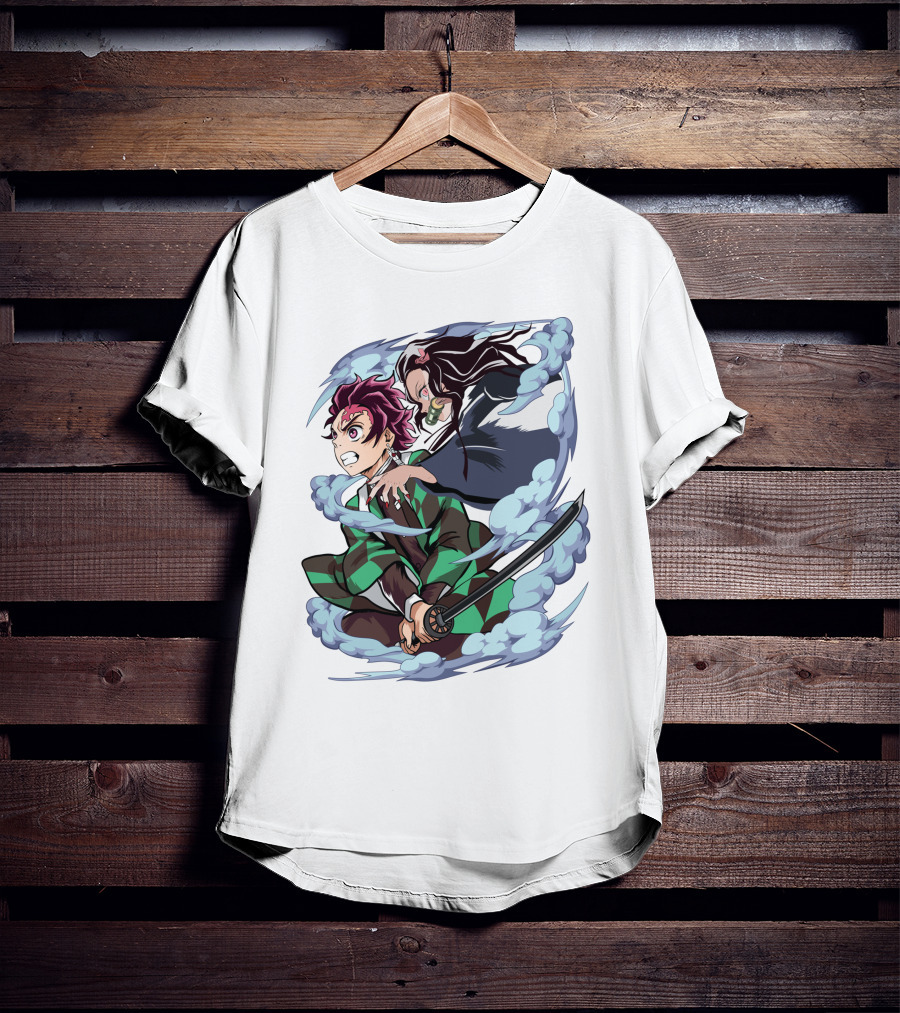 Demon Slayer Kimetsu No Yaiba Tanjiro Nezuko Anime Characters Sword Action Scene T-Shirt
