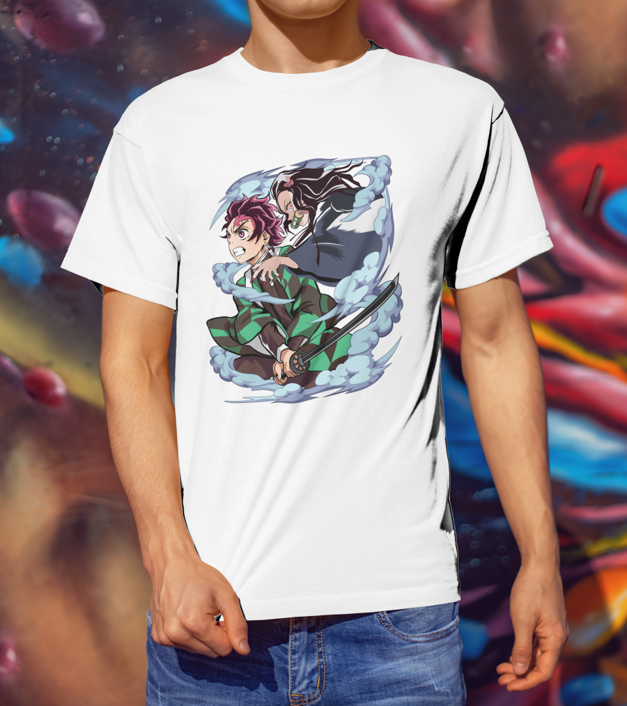 Demon Slayer Kimetsu No Yaiba Tanjiro Nezuko Anime Characters Sword Action Scene T-Shirt