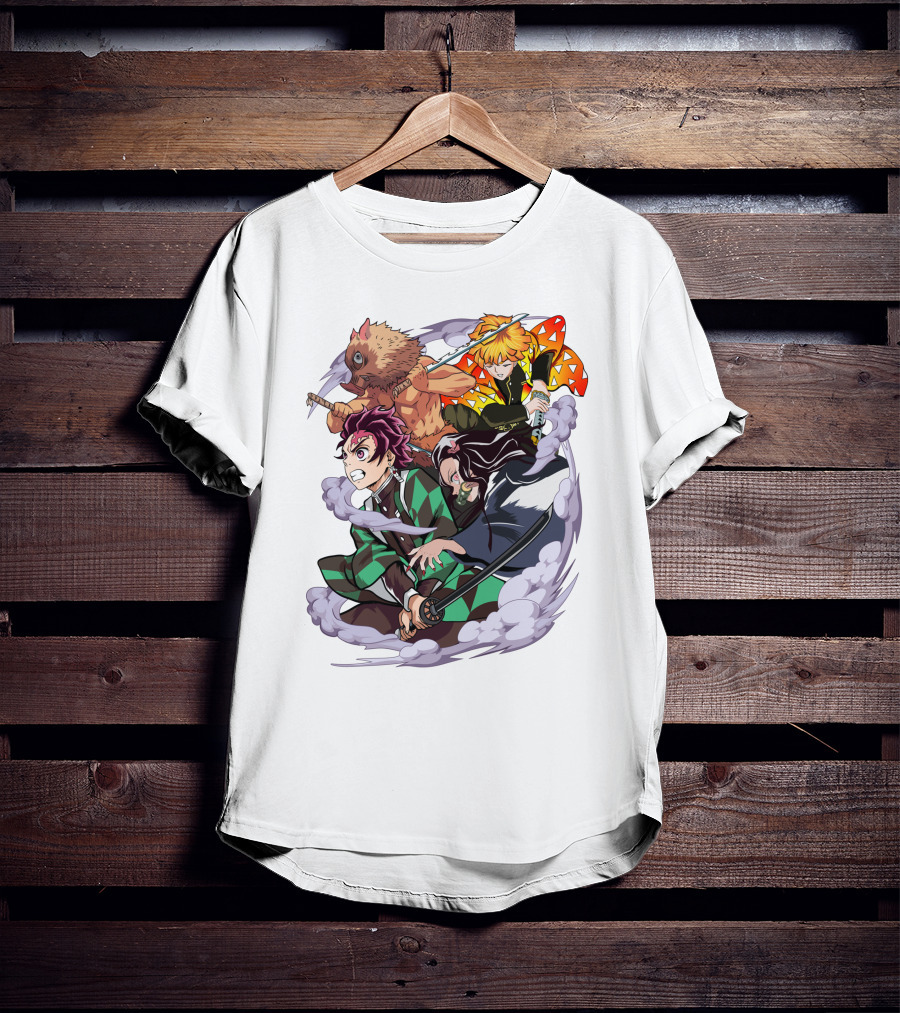 Demon Slayer Kimetsu No Yaiba Tanjiro Nezuko Zenitsu Inosuke Dynamic Action Scene T-Shirt
