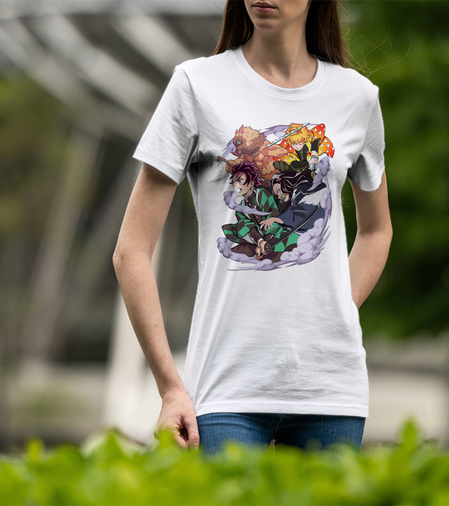 Demon Slayer Kimetsu No Yaiba Tanjiro Nezuko Zenitsu Inosuke Dynamic Action Scene T-Shirt