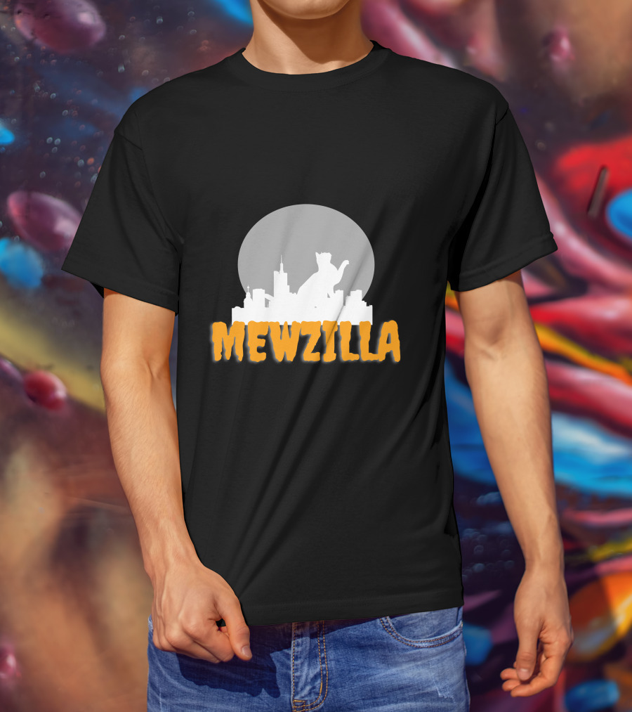 Mewzilla Cat Silhouette Over City Skyline Full Moon T-Shirt