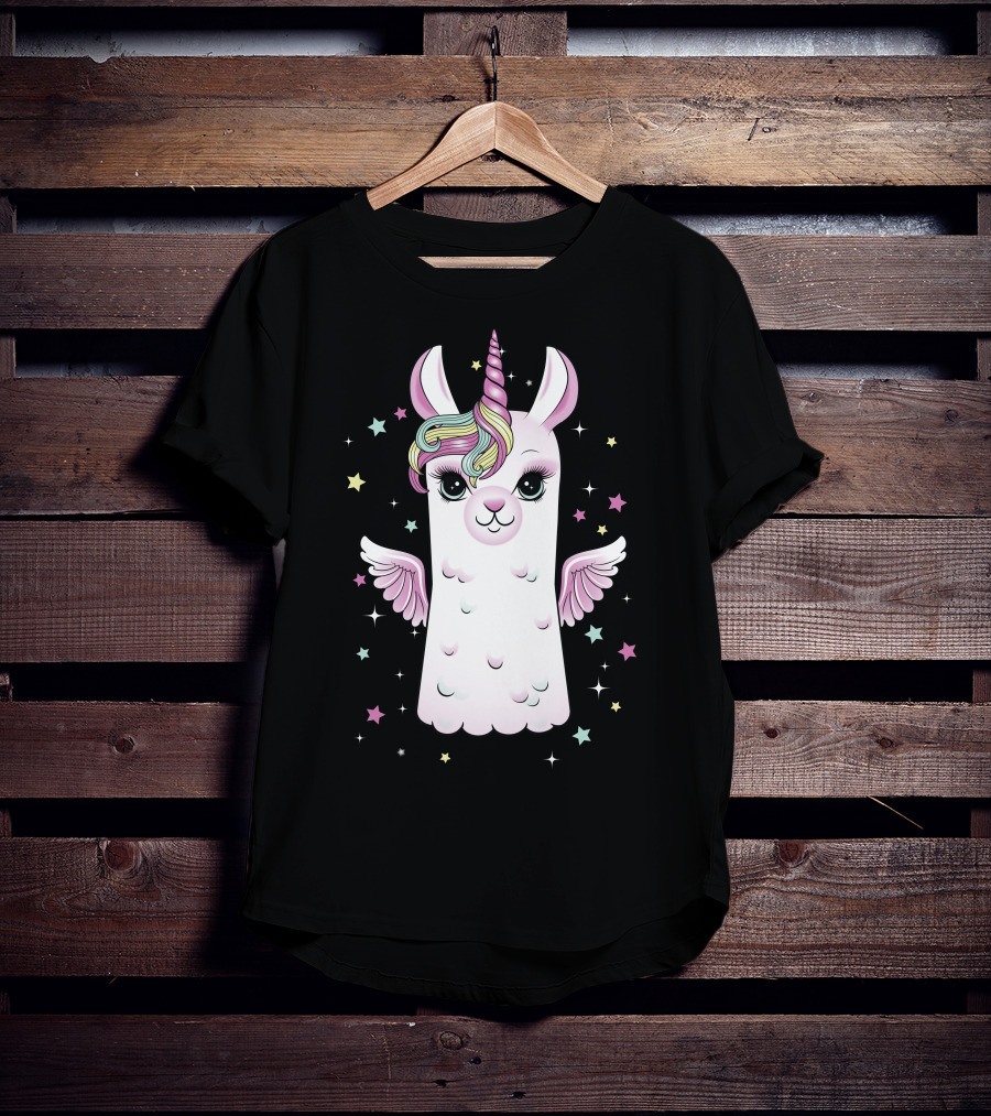 Llama Unicorn With Rainbow Mane And Wings Surrounded By Stars T-Shirt