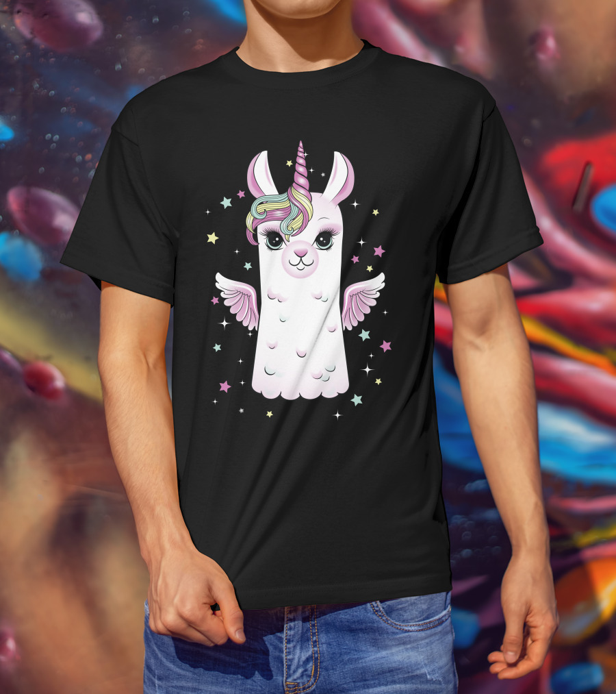 Llama Unicorn With Rainbow Mane And Wings Surrounded By Stars T-Shirt