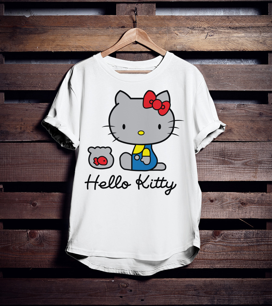 Hello Kitty Gray Cat With Red Bow And Fish Bowl T-Shirt
