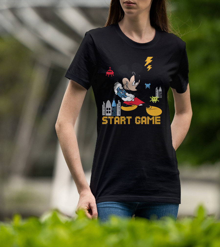 Mickey Holding Controller Retro Gaming City Start Game T-Shirt