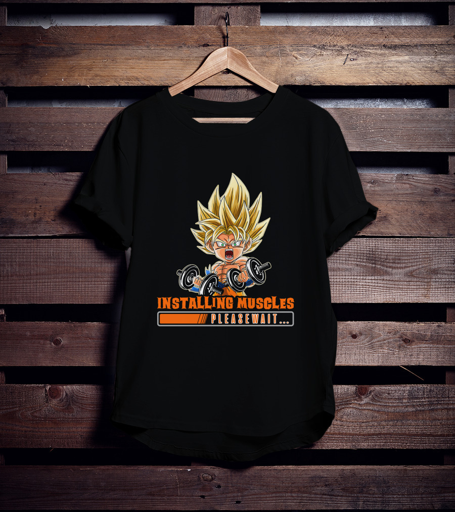 Installing Muscles Please Wait Super Saiyan Dumbbells Fitness Power Up T-Shirt
