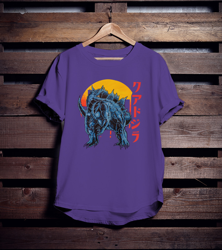 Raging Tobey Raskolapparel Quadzilla Kaiju Monster Retro Sunset Kanji T-Shirt