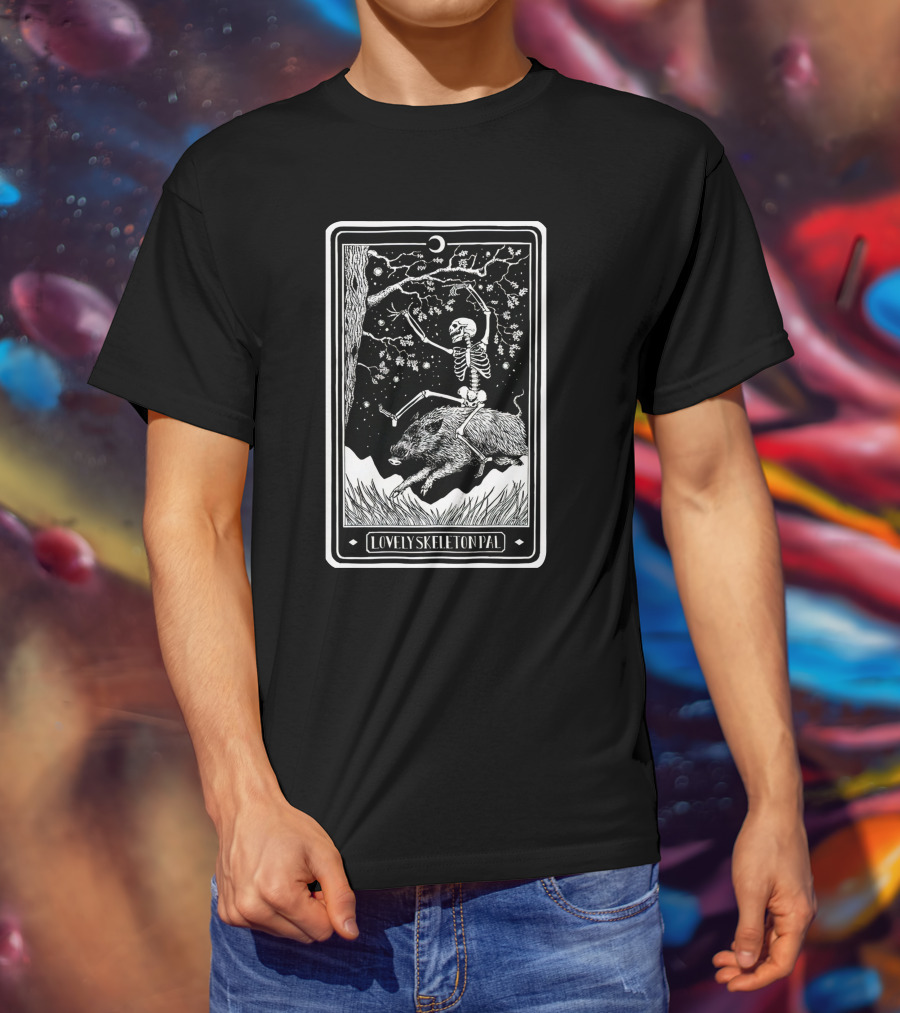 Lovely Skeleton Pal Johnny Chiodini Ever Press Store Merch Riding Wild Boar In Starry Night Scene T-Shirt