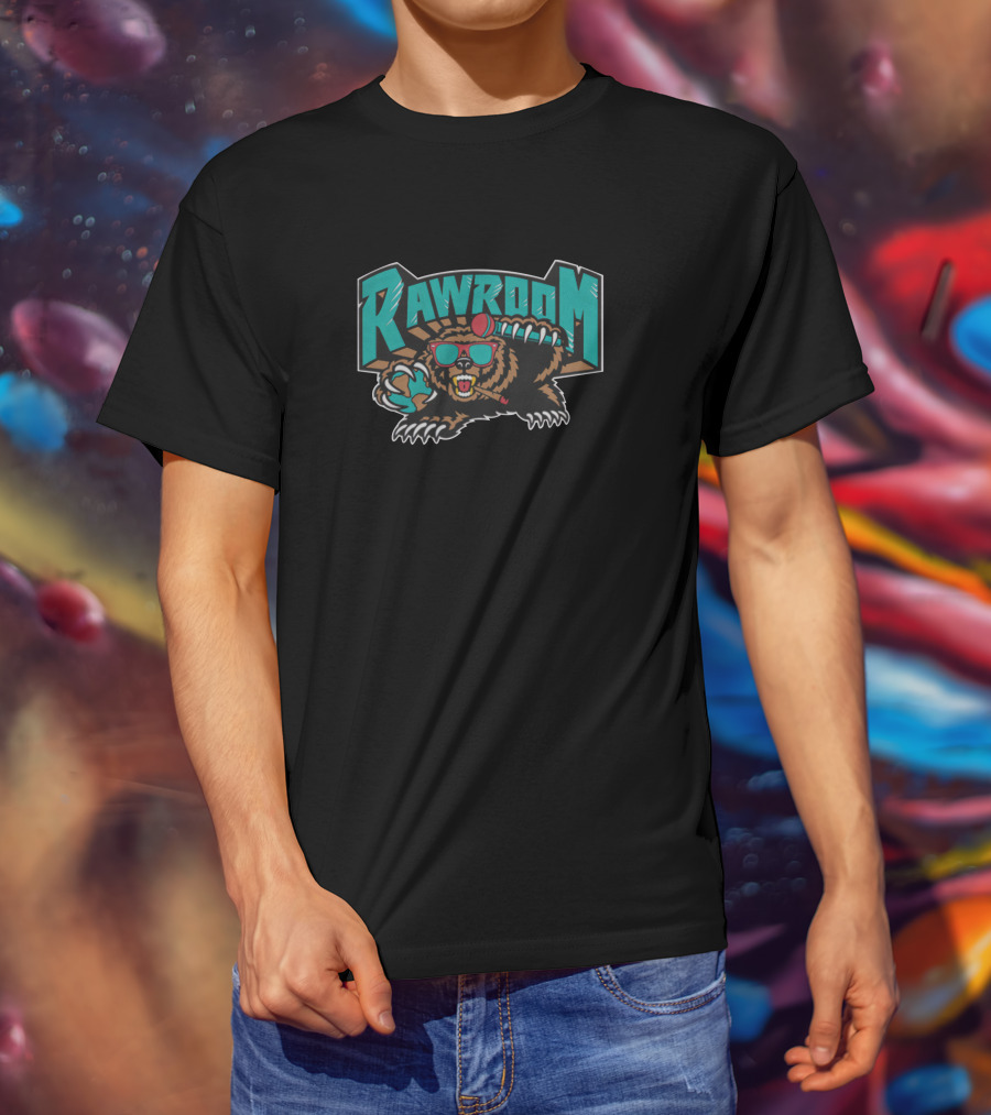 Raw Room Merch Grizz Champion Bear With Football And Sunglasses T-Shirt