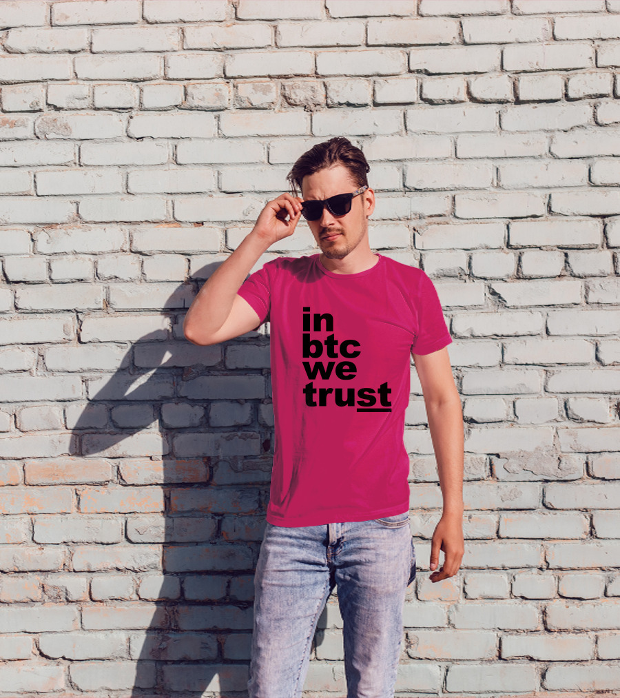 Bitcoin Merch In BTC We Trust Bold Text Pink Background T-Shirt