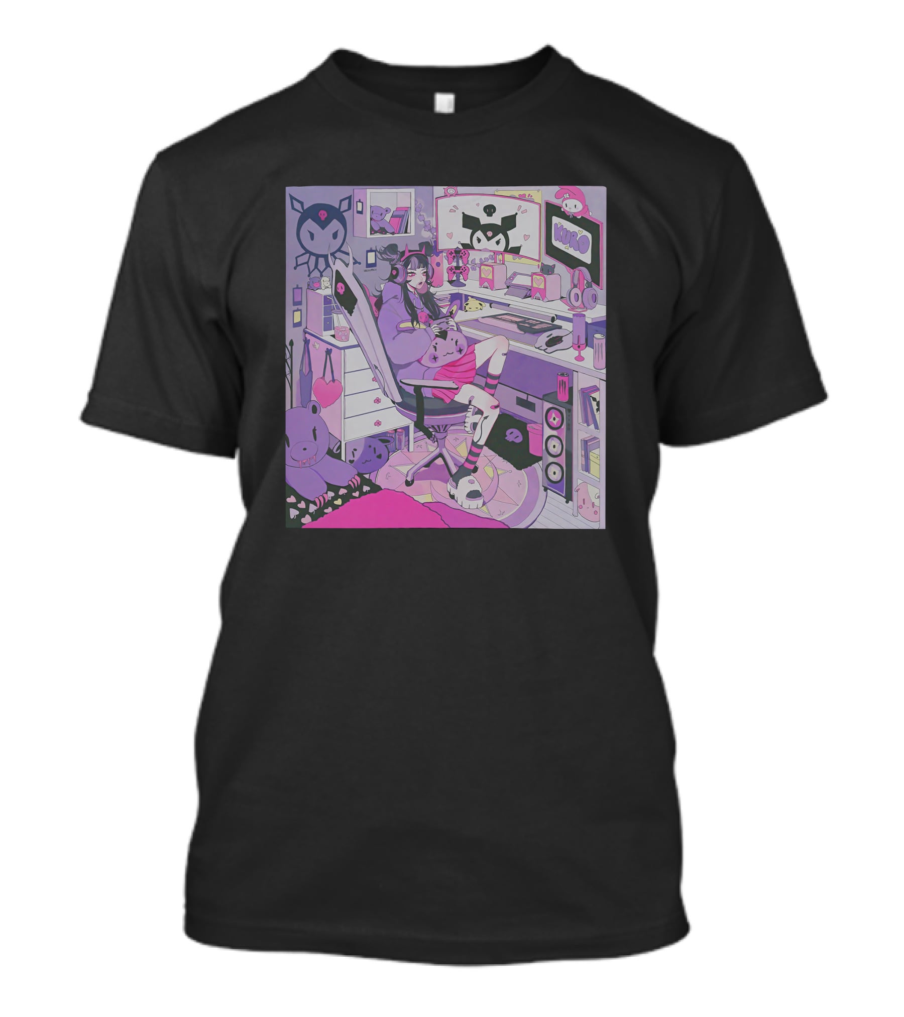 Kiru Made Fuku Mono Lavender Mood Vacuum Anime Gaming Room With Kuro Plushies And Headset Gamer Girl T-Shirt