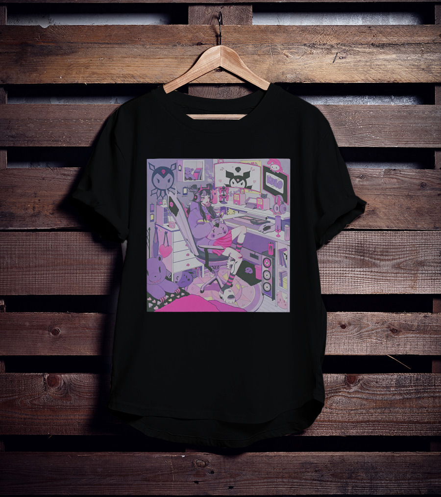 Kiru Made Fuku Mono Lavender Mood Vacuum Anime Gaming Room With Kuro Plushies And Headset Gamer Girl T-Shirt